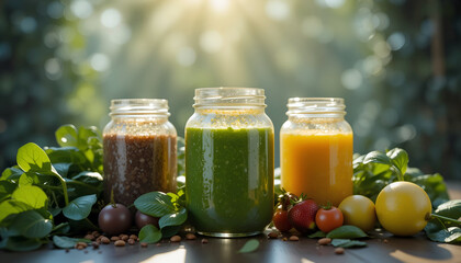 Three jars of colorful smoothies, green, brown, and yellow, surrounded by fresh fruits and leafy greens, showcasing healthy lifestyle choices and vibrant nutrition options