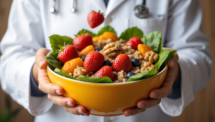 Health-conscious individual in a white coat holds a vibrant bowl of fresh fruits and nuts, showcasing a colorful and nutritious meal for wellness and vitality