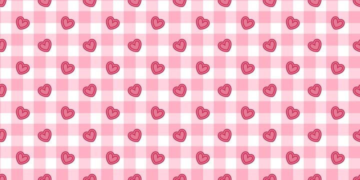 Seamless pink gingham pattern with cute hand-drawn hearts. Sweet checkered background for Valentine's Day, romantic gift wrap, textile wallpaper, and lovely scrapbooking design.