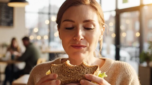 Woman enjoying a delicious bite of a sandwich at a cafe, expressing satisfaction and pleasure