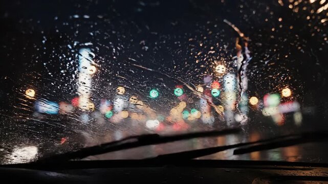 Raindrops on a windshield, city lights through blurry wet glass.