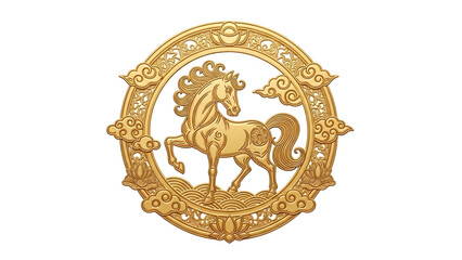 Golden horse in an ornate circular frame with traditional Asian motifs.