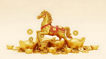 A majestic golden horse figurine stands amidst a lavish display of traditional Chinese gold ingots and coins, symbolizing wealth and prosperity.