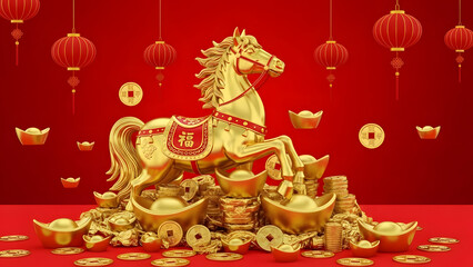 Fototapeta premium Golden horse statue surrounded by gold ingots and coins, with red lanterns, symbolizing prosperity and good fortune for Chinese New Year.