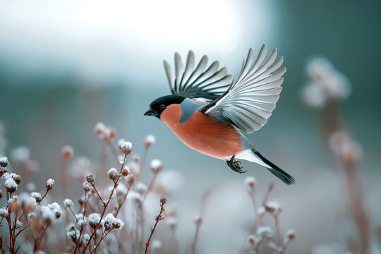 Bullfinch in mid-flight above snowy bushes, wings spread, dynamic wildlife capture, soft pastel winter tones