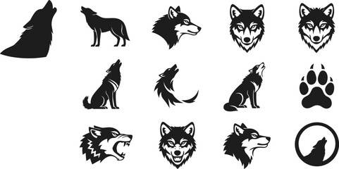 Black and white wolf and paw print in various poses and styles wolves silhouette © Mokarrm Art