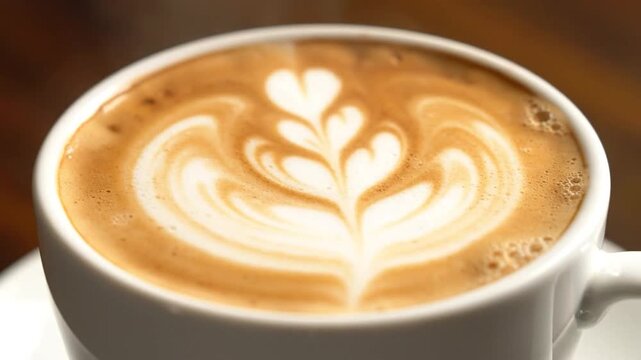 Delicate latte art with hearts and swirls atop rich, creamy coffee in a white mug
