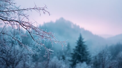 Winter landscape with snow covered mountains in fog, gentle sunlight creating ethereal glow over evergreen trees, with ice crystal branch in foreground, pastel colors evoking serene calm  tranquility.