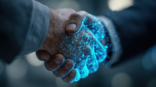 Business partnership handshake with glowing blue network connections - Powered by Adobe