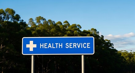 Fototapeta premium Health service sign in front of trees under blue sky