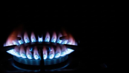 Bright Blue Flames Burning on a Dark Gas Stove Cooktop