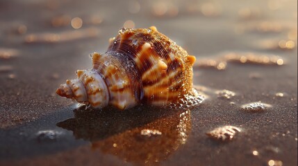 Beautiful ocean shell on wet sandy beach at sunset