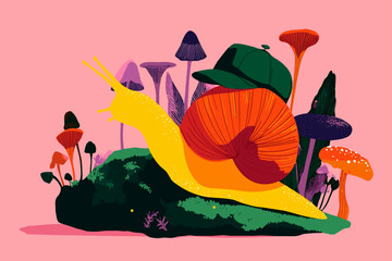 Playful cartoon snail in a vibrant forest setting © Edik
