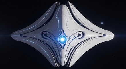 Futuristic Alien Drone with Glowing Blue Light in Dark Space.