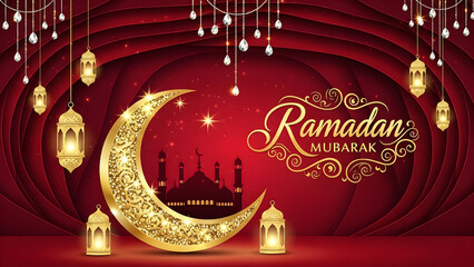Opulent golden crescent moon and illuminated lanterns adorn a deep red background celebrating the sacred occasion of Ramadan Mubarak greetings and blessings.
