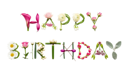 Floral Celebration: A vibrant Happy Birthday message artfully composed of blossoms, conveying joy and the freshness of spring.