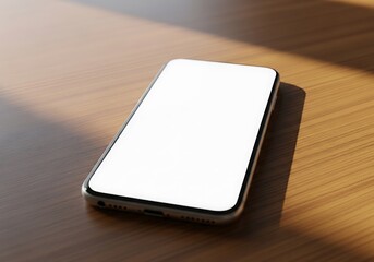 Smartphone with blank screen on wooden table