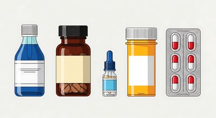 Various medicine bottles and pills in a row