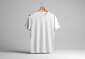 White t-shirt hanging on a wooden hanger