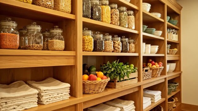 Pantry shelves hold glass jars with various food items and towels