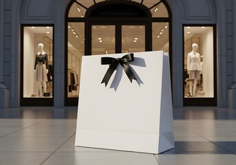 Luxury gift bag standing outside upscale clothing store