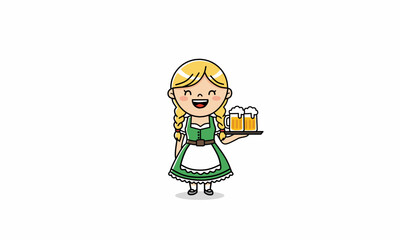 Obraz premium Kawaii Oktoberfest Waitress Character Mascot with Braids and Beer Tray.