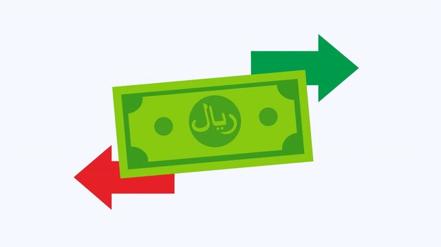 Saudi riyal currency bill with an arrow each direction. Financial growth concept suitable for presentations, articles, blogs, and social media posts.