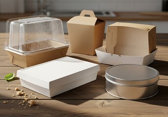 Variety of food packaging containers on wooden table