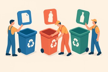 Three men are working together to recycle items in a recycling bin