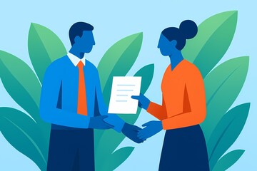 A man and a woman are shaking hands and the man is holding a piece of paper