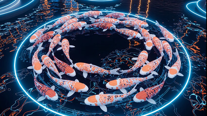 Vibrant koi fish swim in neon lit circular formation at night