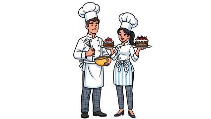 Two chefs standing together holding desserts in a professional kitchen setting