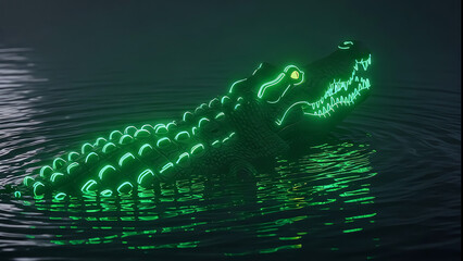Glowing green crocodile in dark water with neon lights