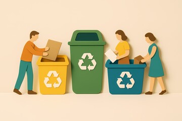 A group of people are sorting through trash and recycling bins