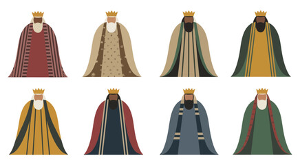 Fototapeta premium Three Kings Procession Figures, Vector Illustration Showing Royal Characters in Various Robes, Crowns