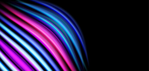 Fototapeta premium Abstract colorful lines curve against dark background. Vivid pinks, blues create dynamic visual effect. Modern design element.