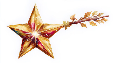 Sparkling golden Christmas star ornament watercolor illustration on white background, festive holiday decoration with glowing center and decorative branch