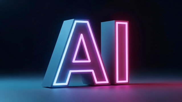 Futuristic 3D AI artificial intelligence text logo with neon glowing cyber light on dark background