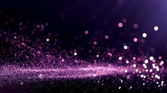 Magical purple glitter particles floating in dark space with sparkling light