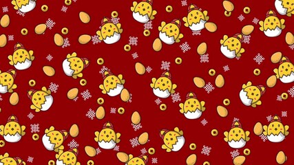 chinese new year pattern with chicks, eggs, and shapes on a red background. Perfect for chinese new year themed designs, childrens products, and springthemed projects.
