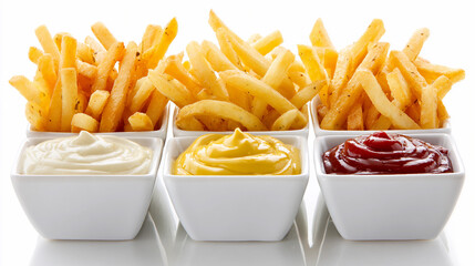 Fries with sauces served in small bowls at a restaurant table