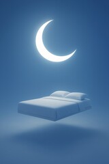 A bed is floating in the air with a large crescent moon in the background
