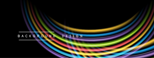 Bright colorful lines curve over black background. Text reads background design. Simple, modern aesthetic. Vibrant, dynamic composition.