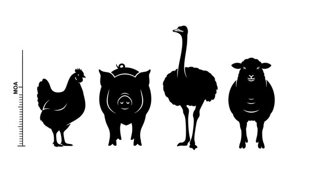 A set of black silhouettes of farm animals and a ruler on a white background