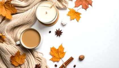 Cozy Autumn Still Life with Coffee, Candle, and Leaves.