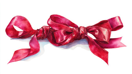 Elegant decorative red satin ribbon bow knot watercolor illustration on white background, perfect for gifts and celebration.