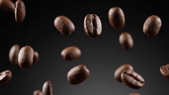 Multiple roasted coffee beans in mid-air against a dark backdrop