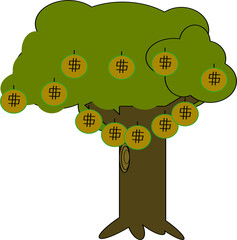 Cartoon money tree with golden coins symbolizing financial growth wealth and passive income concept.