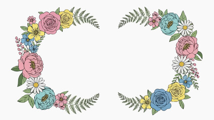 Vibrant floral wreath with colorful flowers and leaves on white background