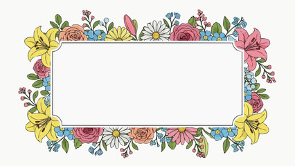 Vibrant floral frame with colorful flowers and leaves border